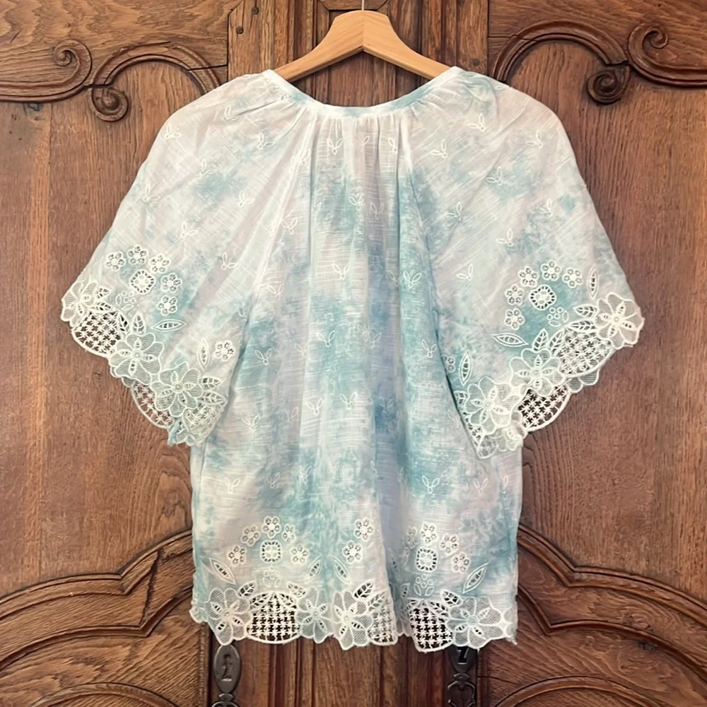 Anthropologie Embroidered Tie Dye Eyelet Lace Boho Puff‎ Sleeve Blouse